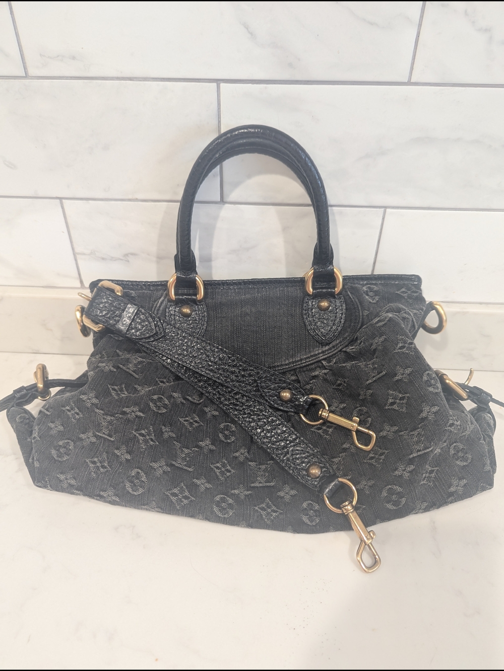 Authentic Louis Vuitton Black Monogram Denim Shoulder Bag